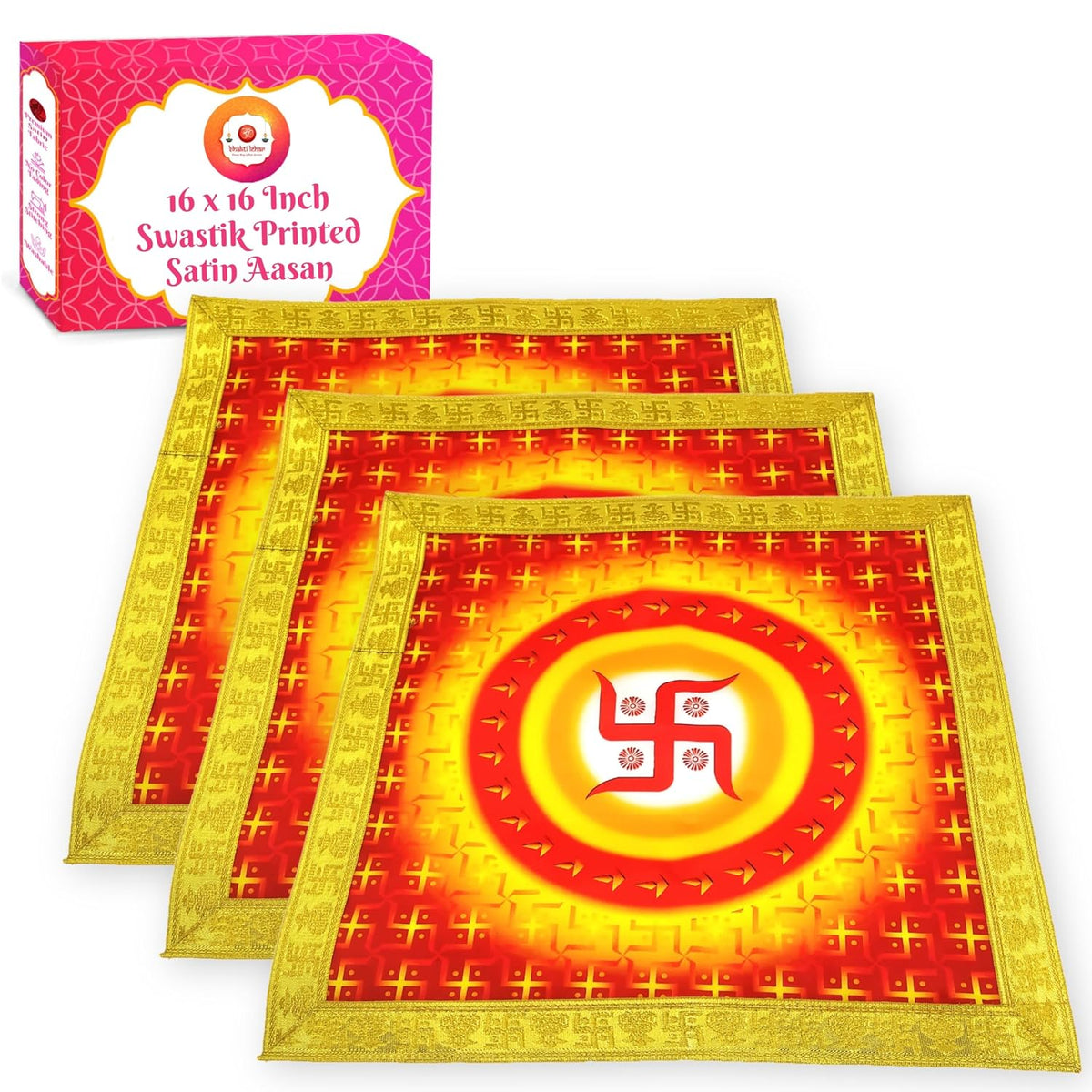 Bhakti Lehar Printed Silk Satin God Chowki Aasan Cloth for Puja (Size: 16" x 16" Inch) | Pooja Assan Kapda | Satin Altar Cloth Mat for Puja Mandir, Temple and Decoration (Set of 3)