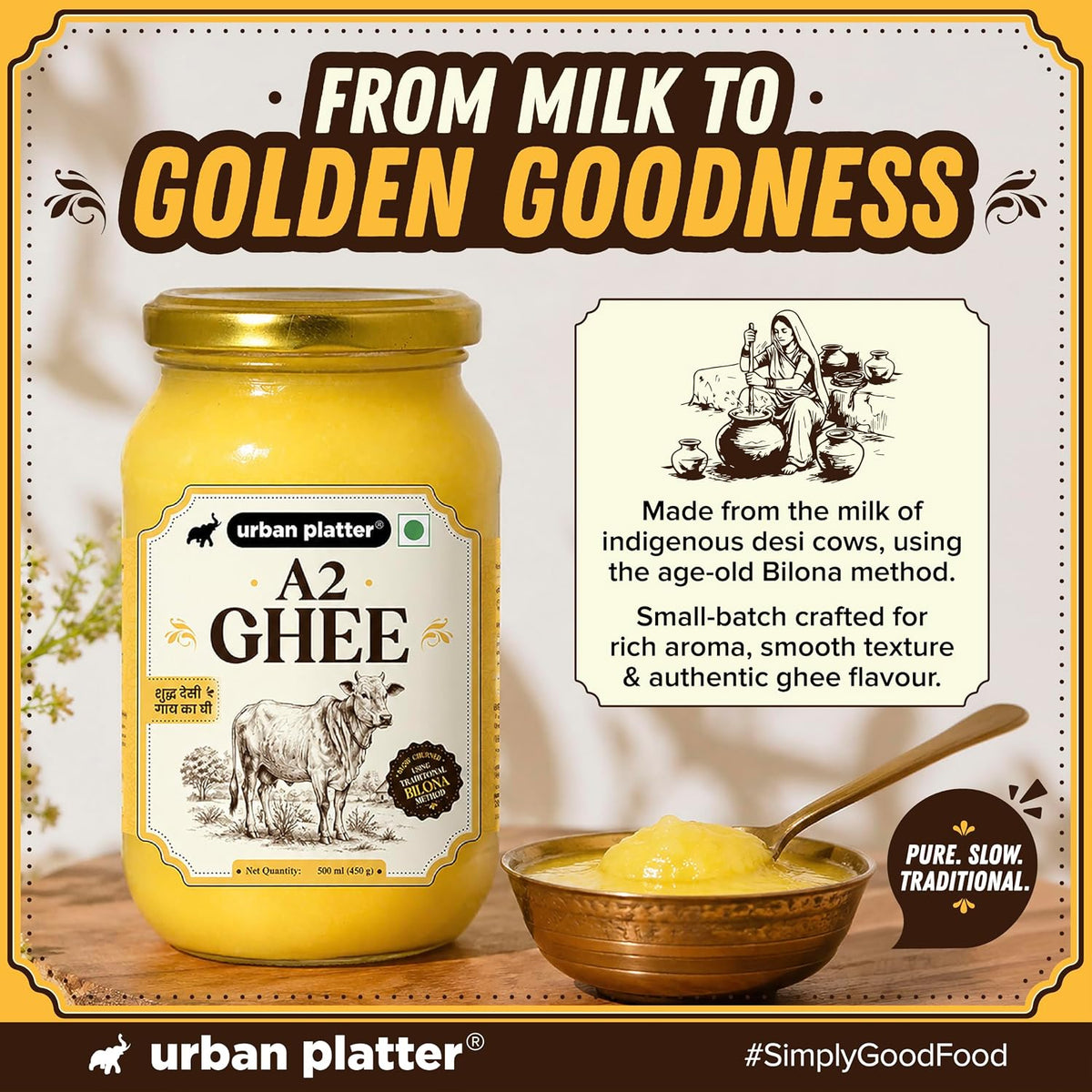 Urban Platter A2 Bilona Cow Ghee, 500ml (Traditional Curd-Churned Desi Ghee | Made from A2 Cow Milk | Pure Ghee for Cooking, Tadka & Daily Meals)
