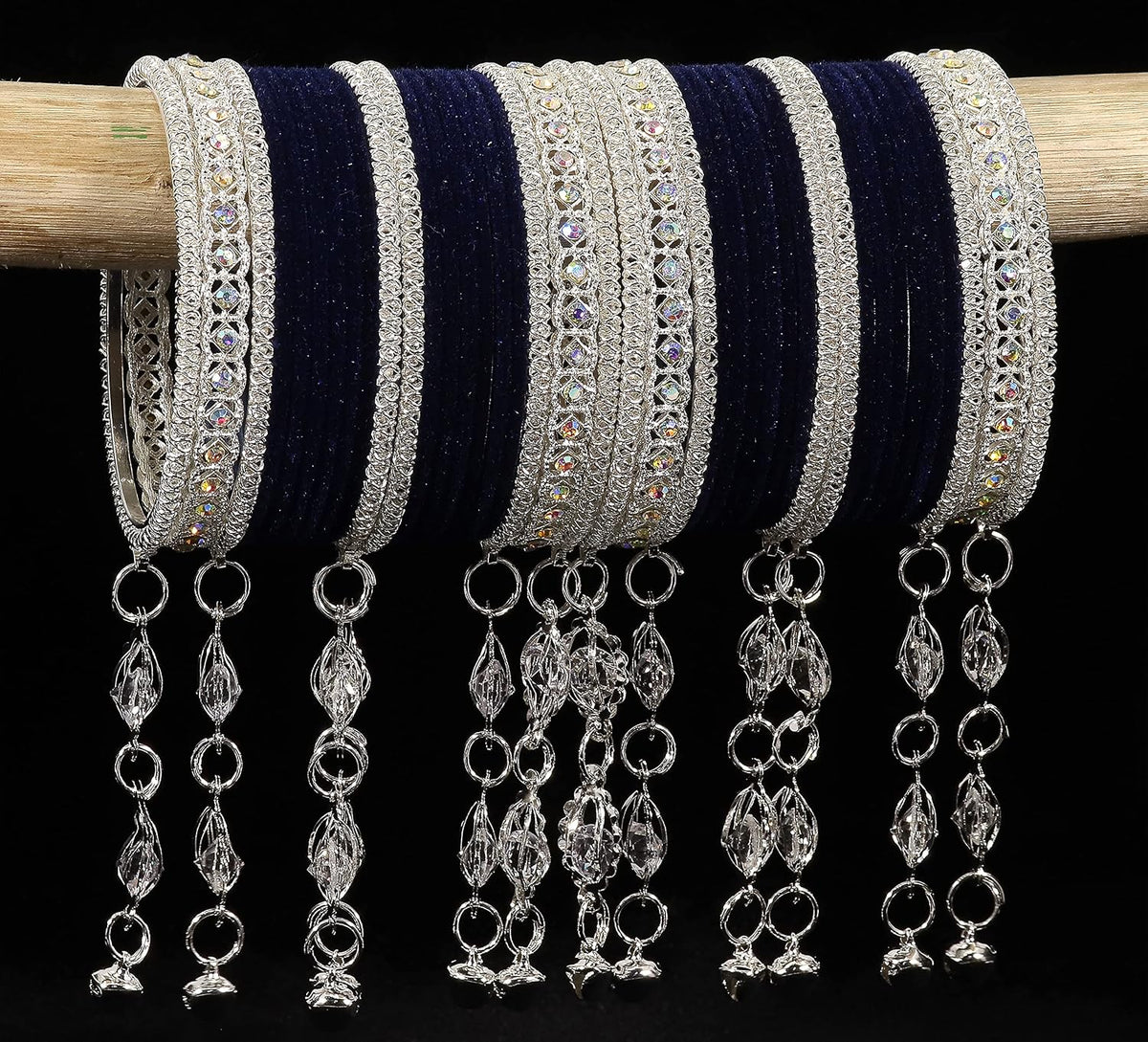 NMII Metal With Zircon Gemstone and Bells Latkan Linked Velvet Bangles For Women and Girls