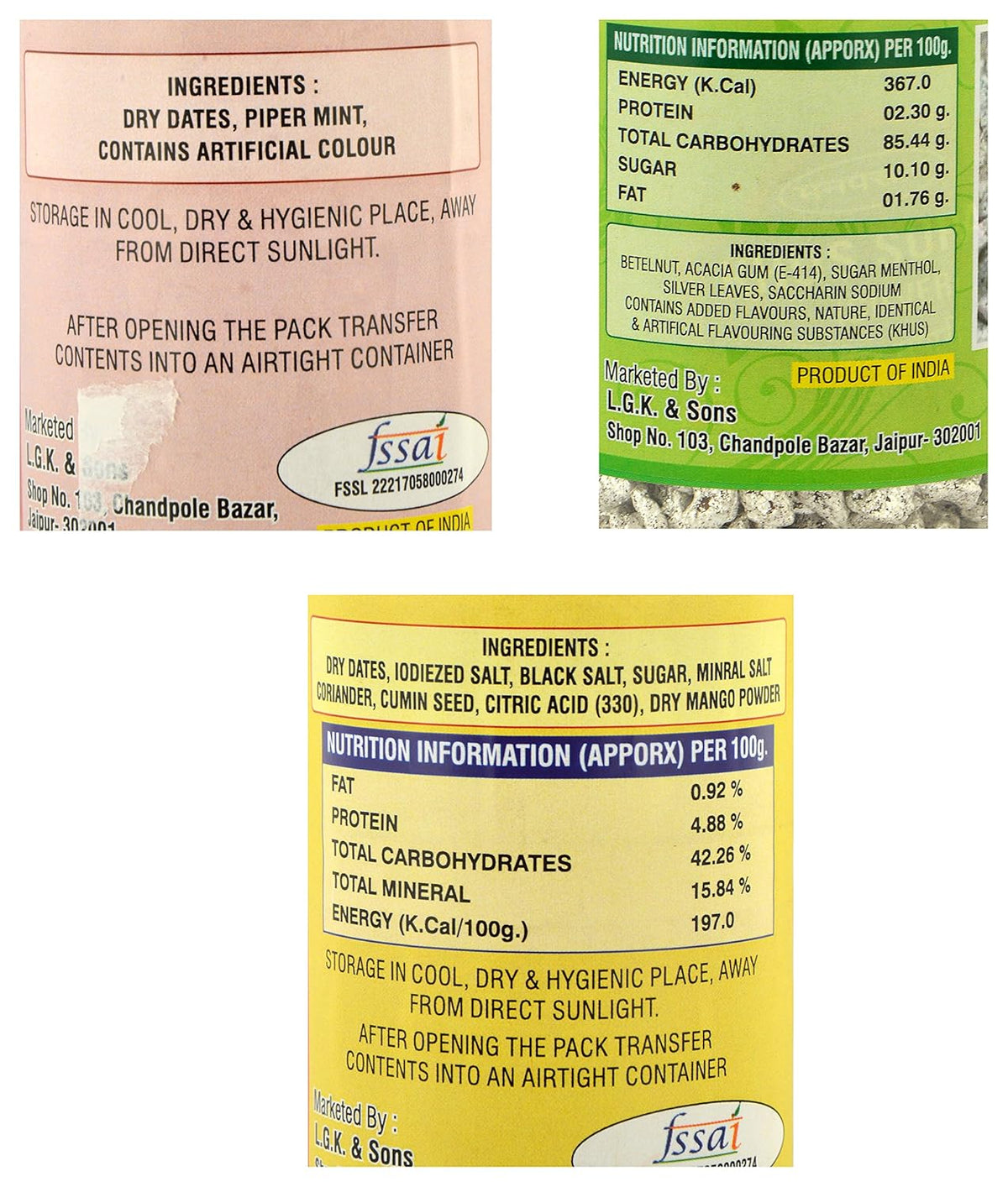 Dilkhush Khajoor Ki Supari and Khus Supari and Khatta Chhuhara, 800 g (Combo of 6)