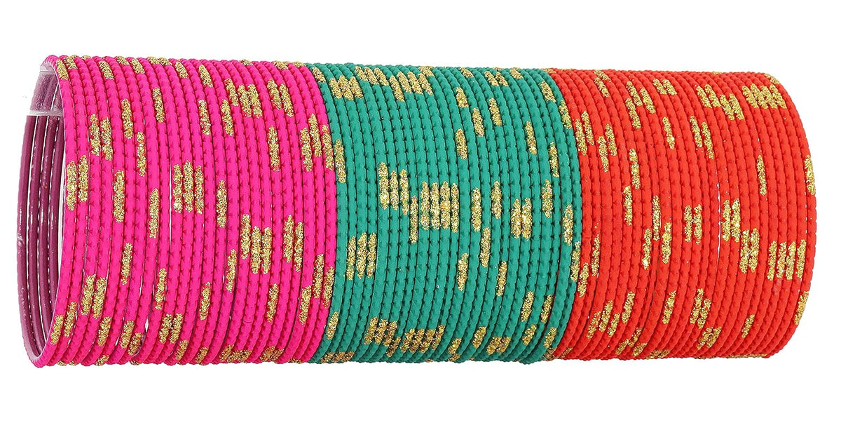 NMII Non-Precious Metal Base Metal with Cutting Shaped and Glitter Pattern Glossy Finished Bangle Set For Women and Girls, (MultiColour1_2.6 Inches), Pack Of 144 Bangle Set