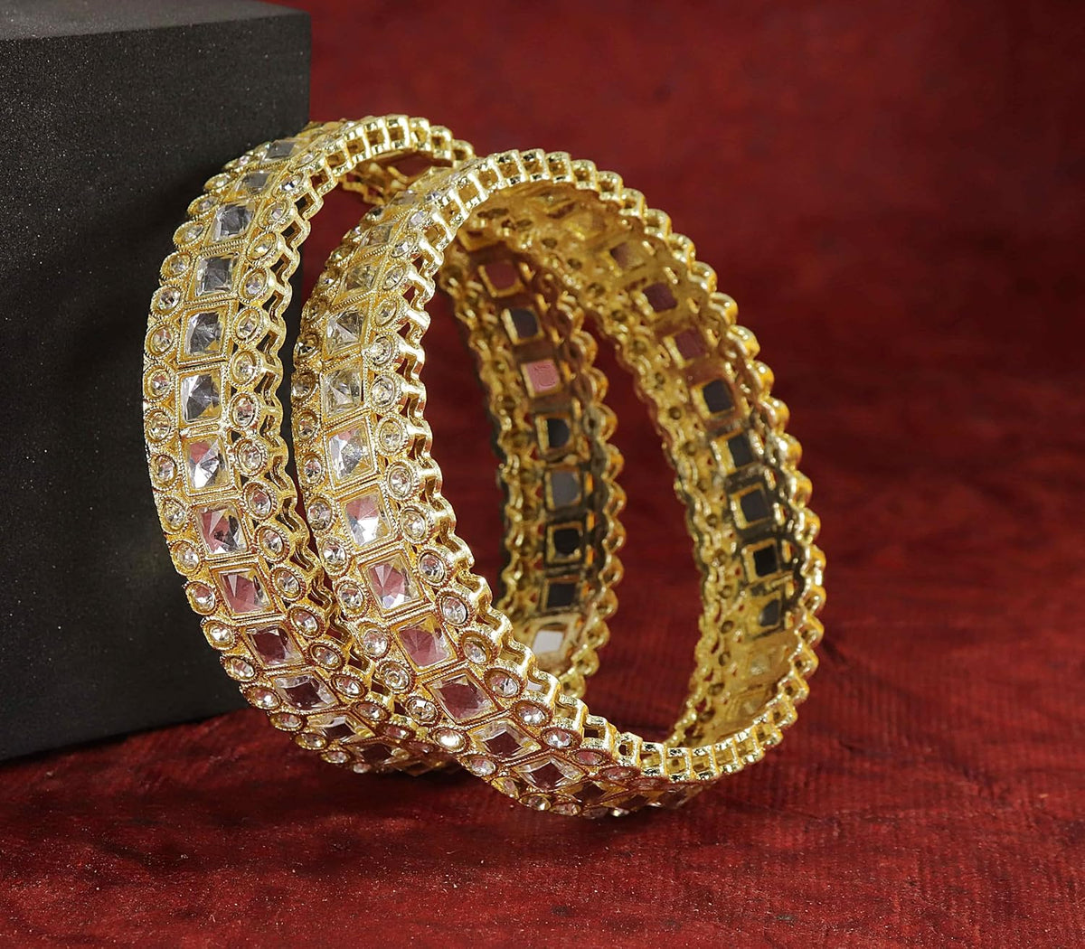NMII Golden Metal Bangles Set with Sparkling Zircon Diamond & Kundan Mirror For Women & Girls | Traditional Girl's Bangles | Fancy Women's Kangan | Metal Kada For Women Wedding, Function- Set of 2