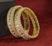 NMII Golden Metal Bangles Set with Sparkling Zircon Diamond & Kundan Mirror For Women & Girls | Traditional Girl's Bangles | Fancy Women's Kangan | Metal Kada For Women Wedding, Function- Set of 2