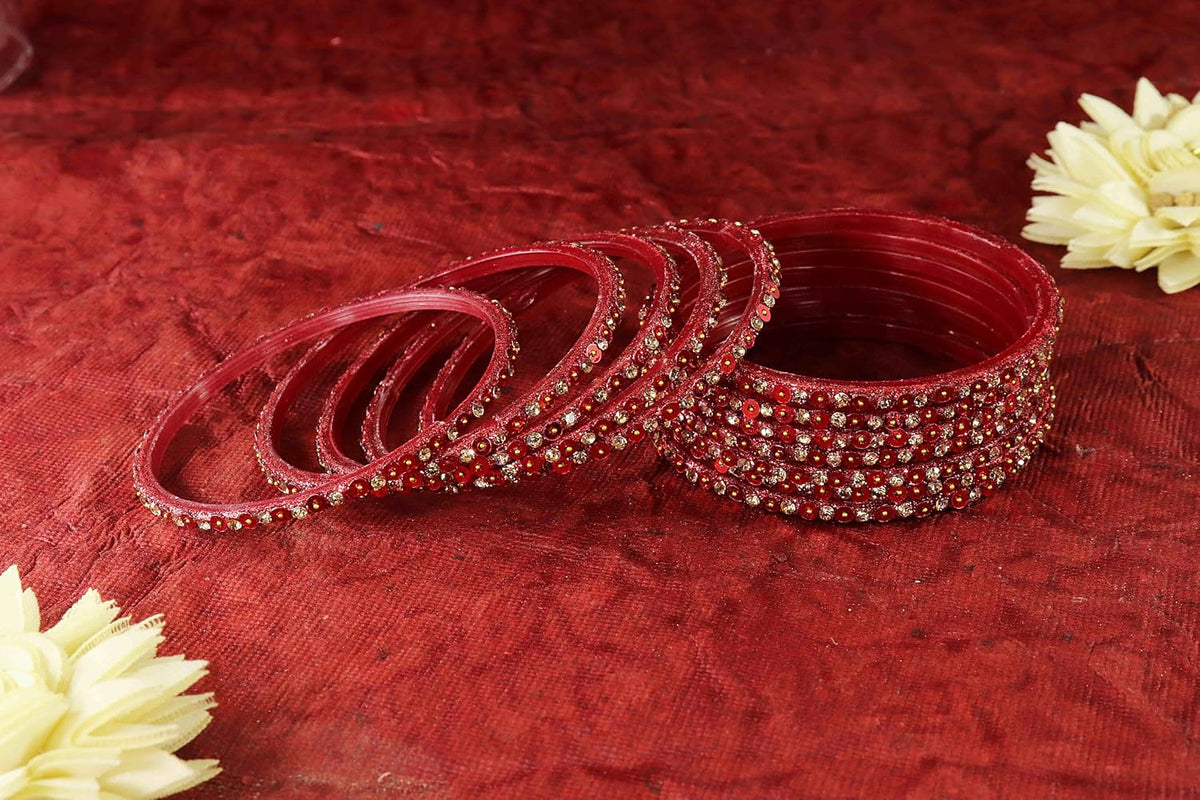NMII Stylish Glass Bangles Set with Golden Diamond Stone & Sitara Beads Design For Women & Girls | Designer Women's Glass Bangles | Traditional Chudi Set | Girl's Bangles Fashion Jewellery- Set of 12