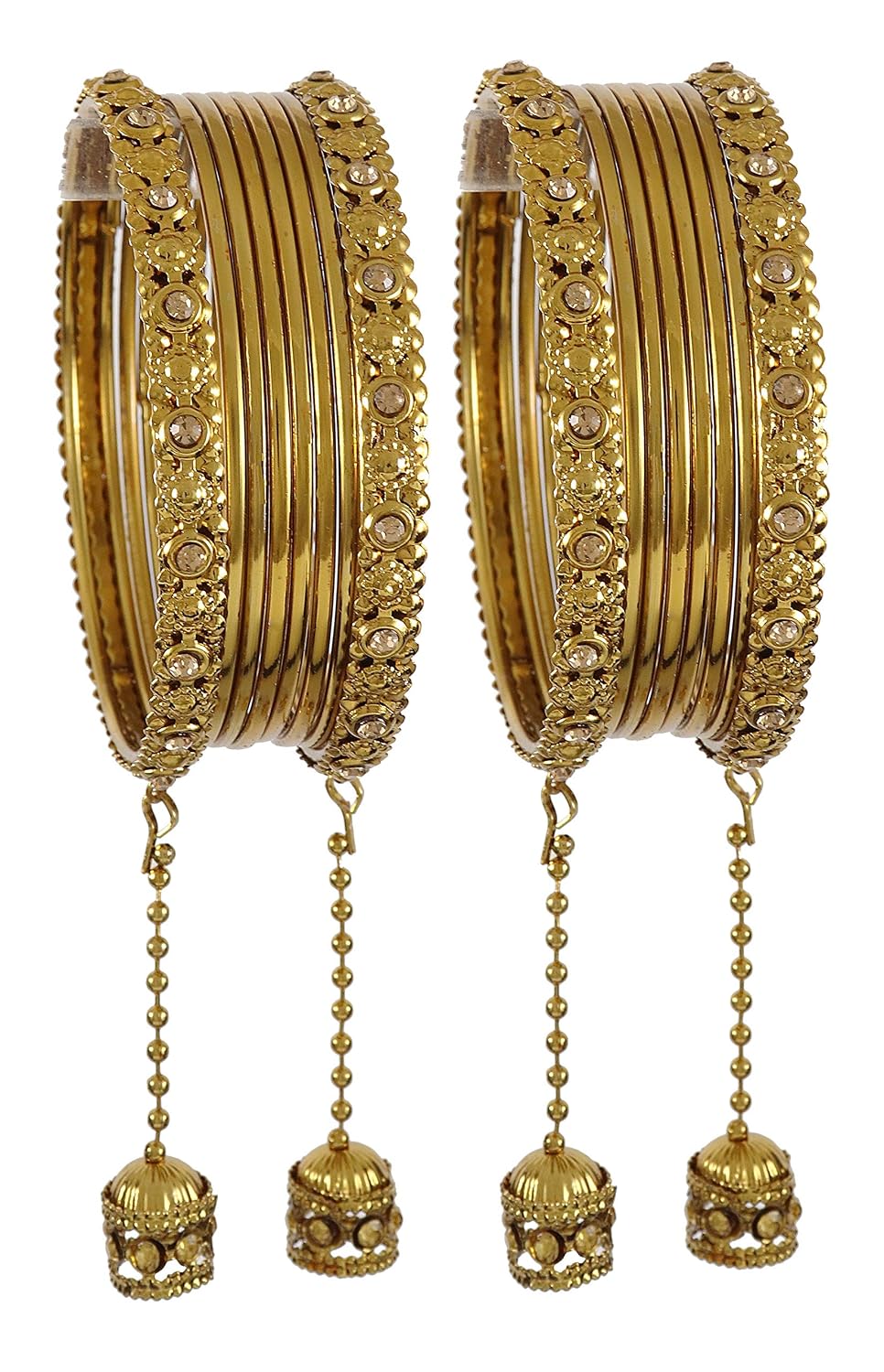 NMII Traditional Metal Bangles Set For Women & Girls with Zircon Gemstone & Latkan | Stylish Oxidised Look Gold Plated Bangles | Women's Fashion Jewellery
