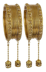 NMII Traditional Metal Bangles Set For Women & Girls with Zircon Gemstone & Latkan | Stylish Oxidised Look Gold Plated Bangles | Women's Fashion Jewellery