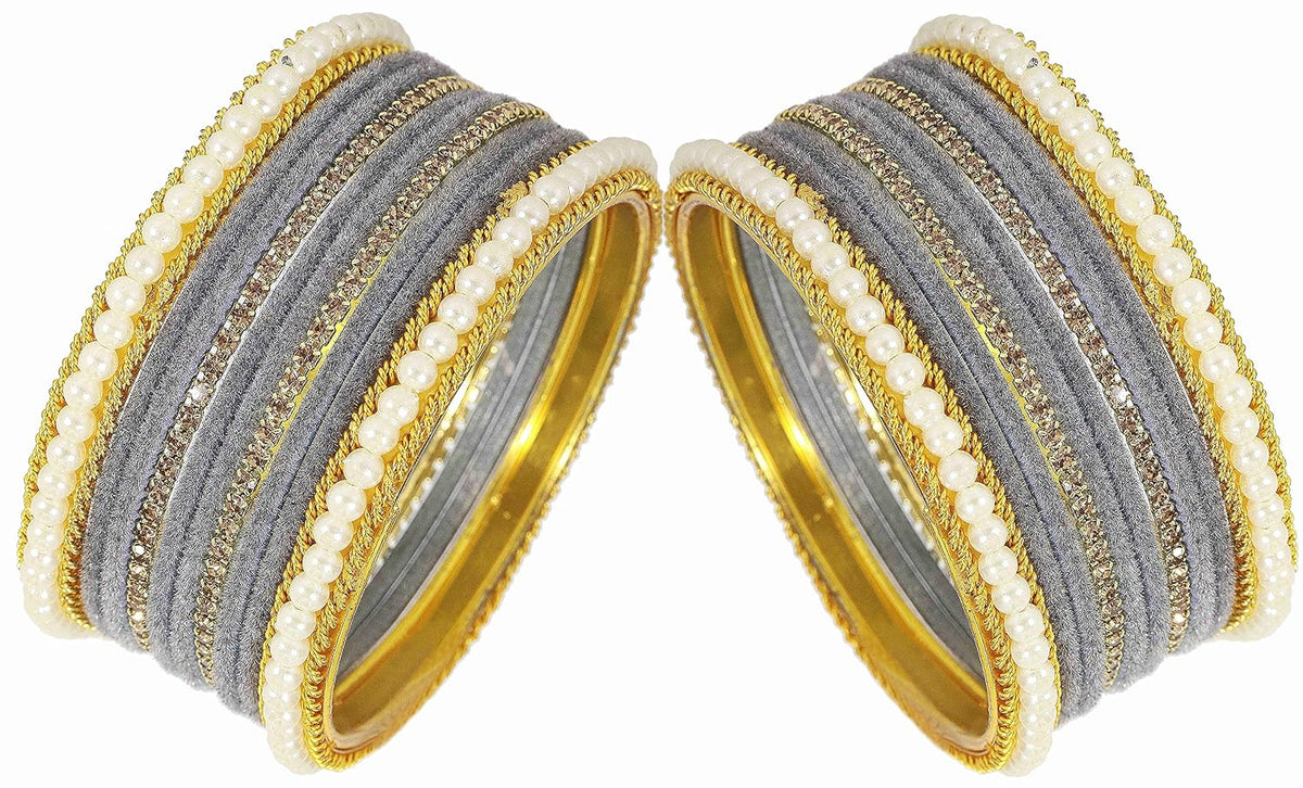 NMII Metal with Zircon Gemstone and Pearls Studded Velvet Bangle Set for Women and Girls