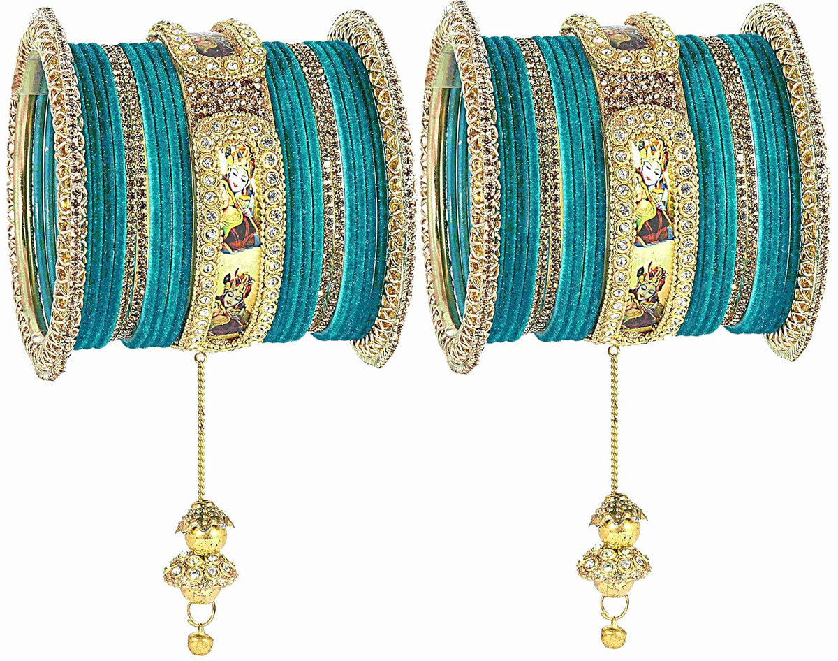 NMII Non-Precious Metal Base Metal With Velvet and Raadha Krishna Printed Design Or Zircon Gemstone Pearls Latkan Bangles Set For Women and Girls