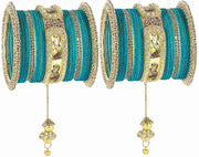 NMII Non-Precious Metal Base Metal With Velvet and Raadha Krishna Printed Design Or Zircon Gemstone Pearls Latkan Bangles Set For Women and Girls