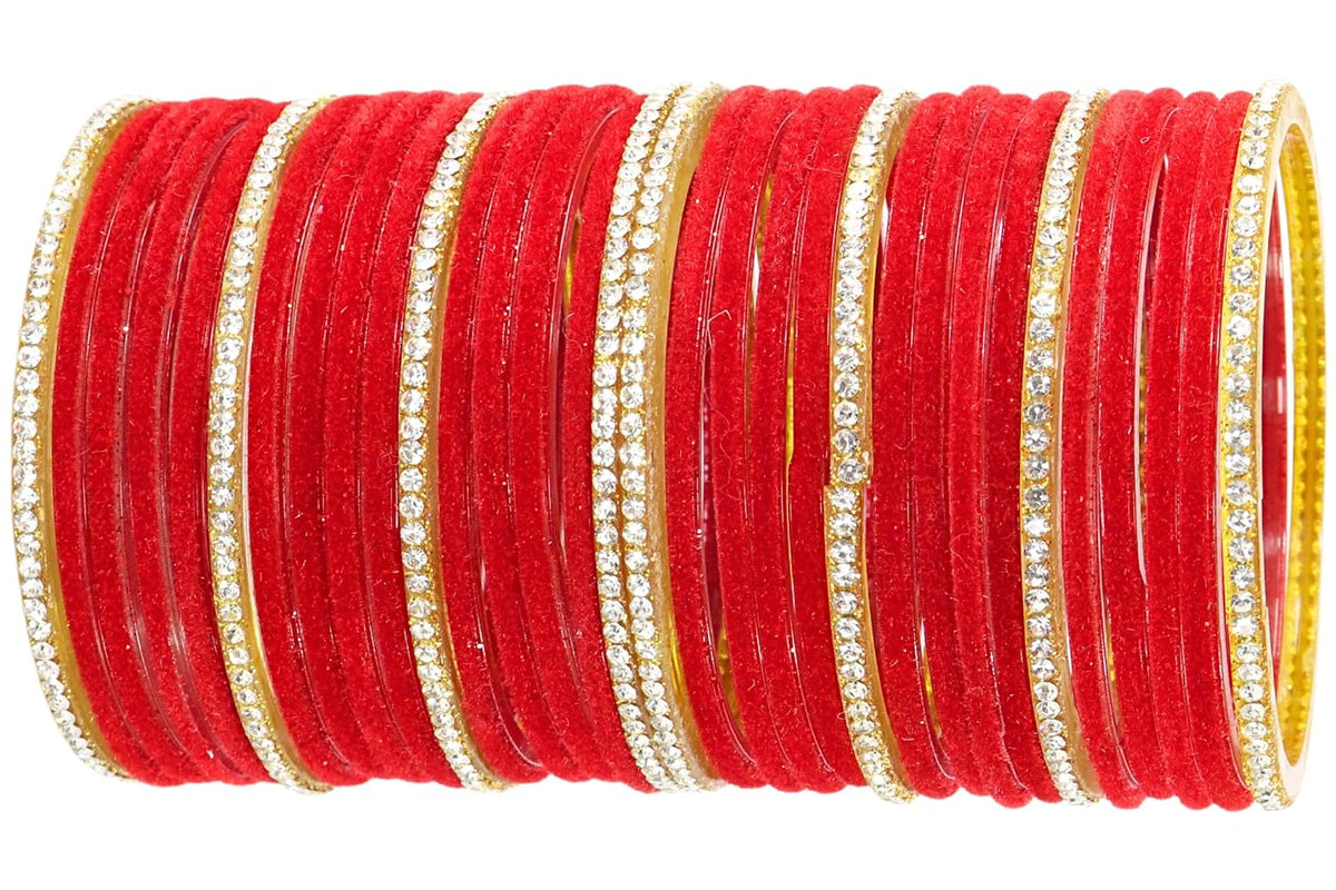 NMII Fancy Glass Golden Zircon Diamond Stone & Velvet Finish Plain Bangles Set For Women & Girls | Glass Velvet Bangles | Kanch ki Chudiyan | Girl's Bangles Bracelet | Fashion Jewellery- Set of 32