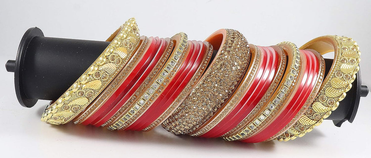 NMII Traditional Gold Plated Acrylic Bangles Bridal Chuda Set For Women & Girls with Zircon Diamond & Pearls Beads Work | Royal Wedding Chudas | Premium Look | Bangles For Wedding, Festive, Function
