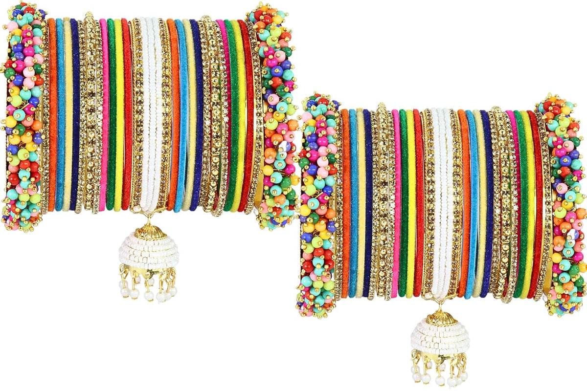 NMII Traditional Metal Velvet Bangles With Pearls & Zircon Stone Latkan Chuda Set for Bridal Women & Girls | Premium Set With Latkan for Wedding, Party, Festive, Occasion Wear - Set of 54