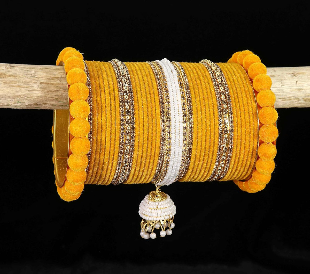 NMII Premium Gold Plated Metal Velvet Bangles Latkan Chuda Set For Bridal Women & Girls with Pearls Moti & Zircon Diamond | Dulhan Chura Fancy | Bridal Bangles Set for Wedding- Set of 70 Bangles