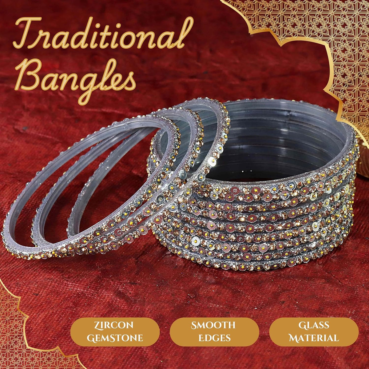 NMII Stylish Glass Bangles Set with Golden Diamond Stone & Sitara Beads Design For Women & Girls | Designer Women's Glass Bangles | Traditional Chudi Set | Girl's Bangles Fashion Jewellery- Set of 12