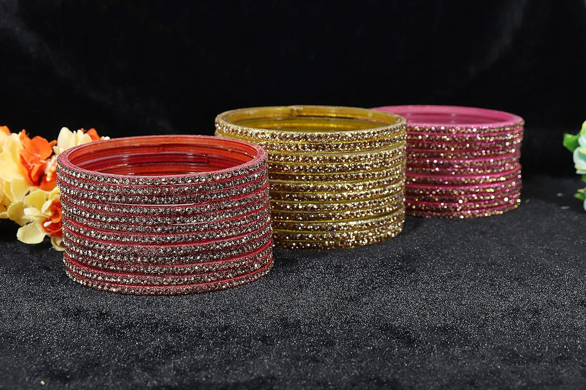 NMII Glass with Zircon Gemstone and Beads Studdded Glossy Finished Traditional Bangle Set For Women and Girls