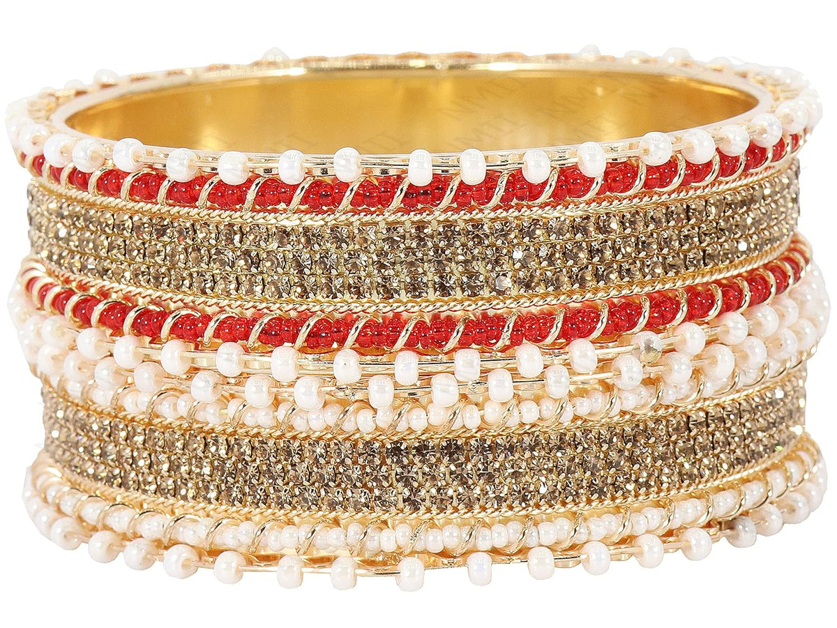 NMII Non-Precious Metal Base Metal Studded with Zircon Gemstone and linked with Pearl Chain Glossy Finished Kada/Bangle set for Women and Girls
