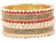 NMII Non-Precious Metal Base Metal Studded with Zircon Gemstone and linked with Pearl Chain Glossy Finished Kada/Bangle set for Women and Girls