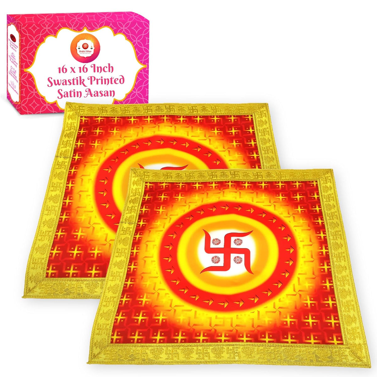 Bhakti Lehar Printed Silk Satin God Chowki Aasan Cloth for Puja (Size: 16" x 16" Inch) | Pooja Assan Kapda | Satin Altar Cloth Mat for Puja Mandir, Temple and Decoration (Set of 2)