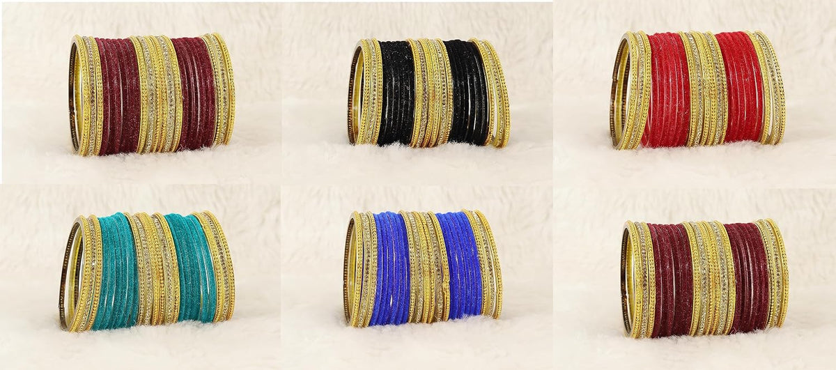 NMII Stylish Multicolour Glass Bangles Set For Women's & Girls Studded Golden Zircon Gemstone, Ballchain and Velvet Bangles | Fancy Glass Bangles Set- Pack of 144 Bangles