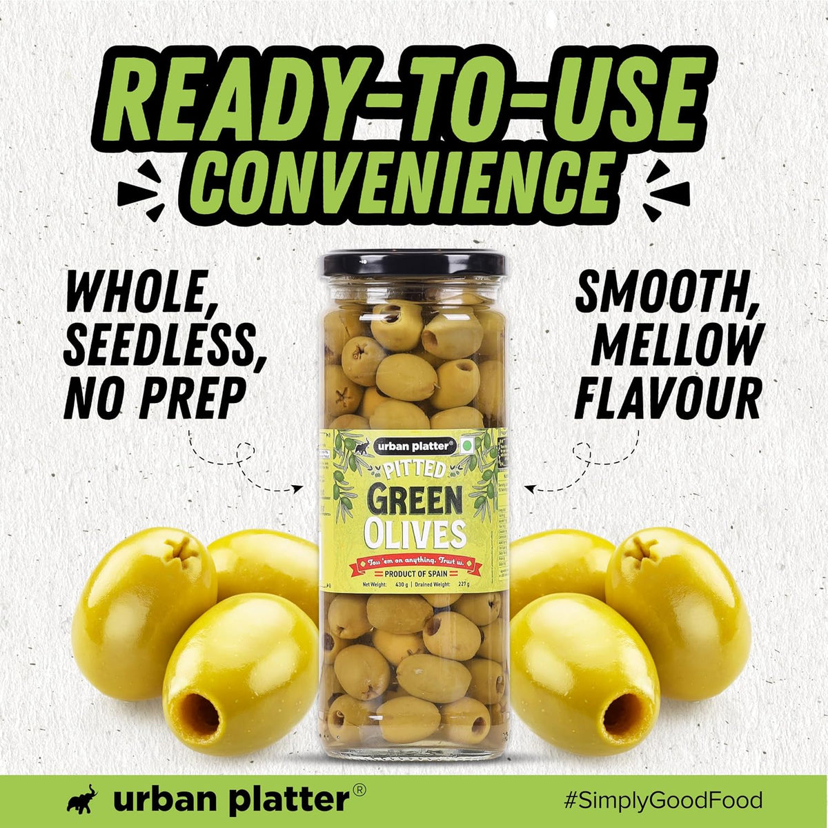 Urban Platter Pitted Green Spanish Olives, 430g (Whole & Seedless | Crisp & Tangy Mediterranean Flavour | Great for Salads, Mezze, Sandwiches & Snacking)