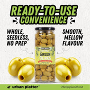 Urban Platter Pitted Green Spanish Olives, 430g (Whole & Seedless | Crisp & Tangy Mediterranean Flavour | Great for Salads, Mezze, Sandwiches & Snacking)