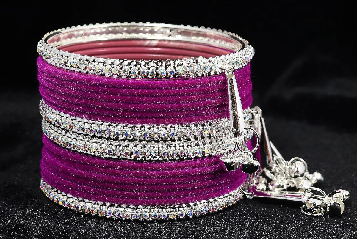 NMII Metal with Zircon Gemstone and Velvet Studded Bells Latkan Bangles Set For Girls and Women I Latkan Bangles, Premium Bangle Bracelet Set I Pack of 16 Bangles