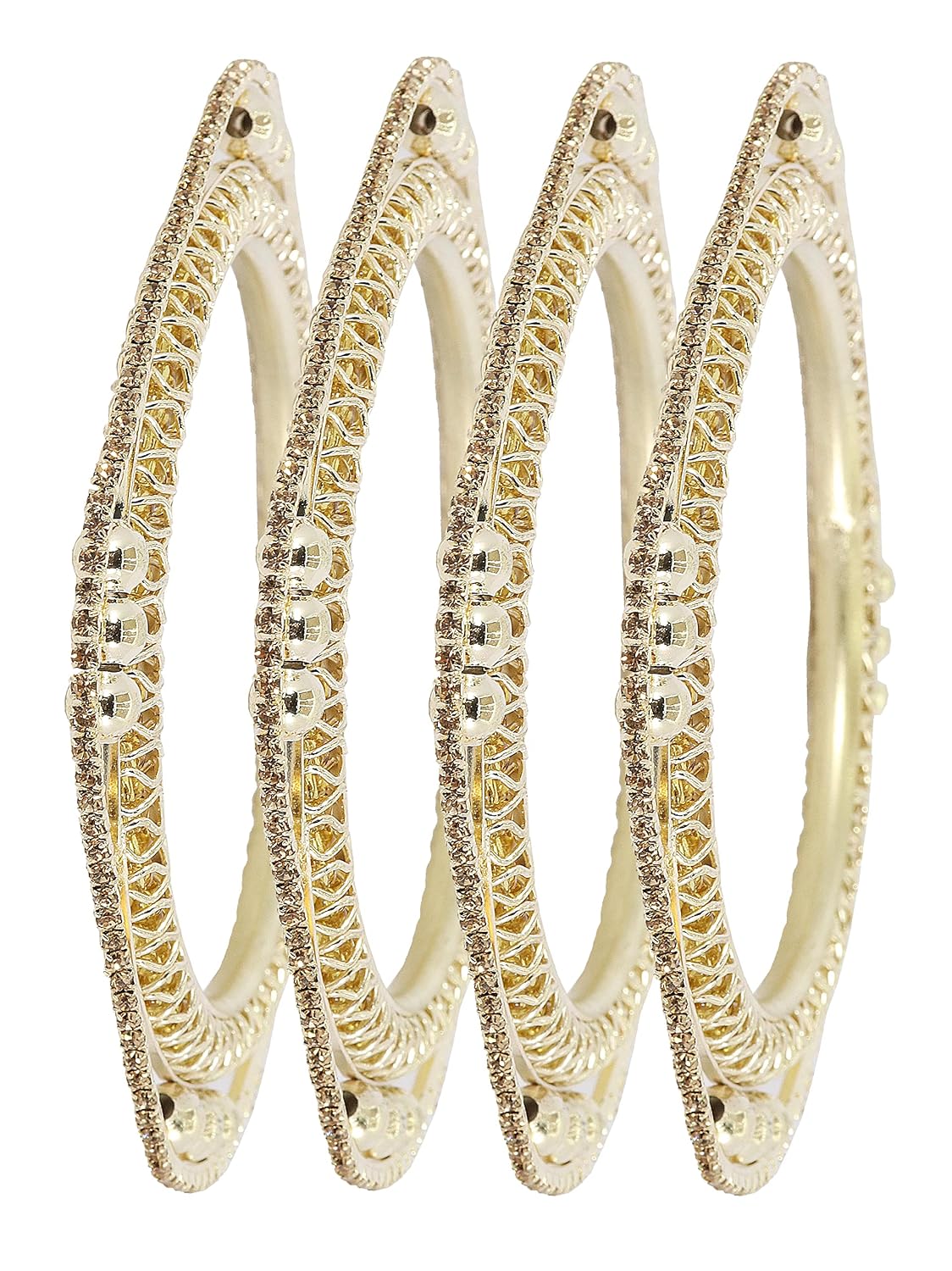 NMII Traditional Golden Metal with Zircon Stone & Pearls Moti Beads Work Kada Bangles Set For Women & Girls | Designer Women's Bangles Latest | Metal Bangles | Bridal Wedding Bangles-Set of 4