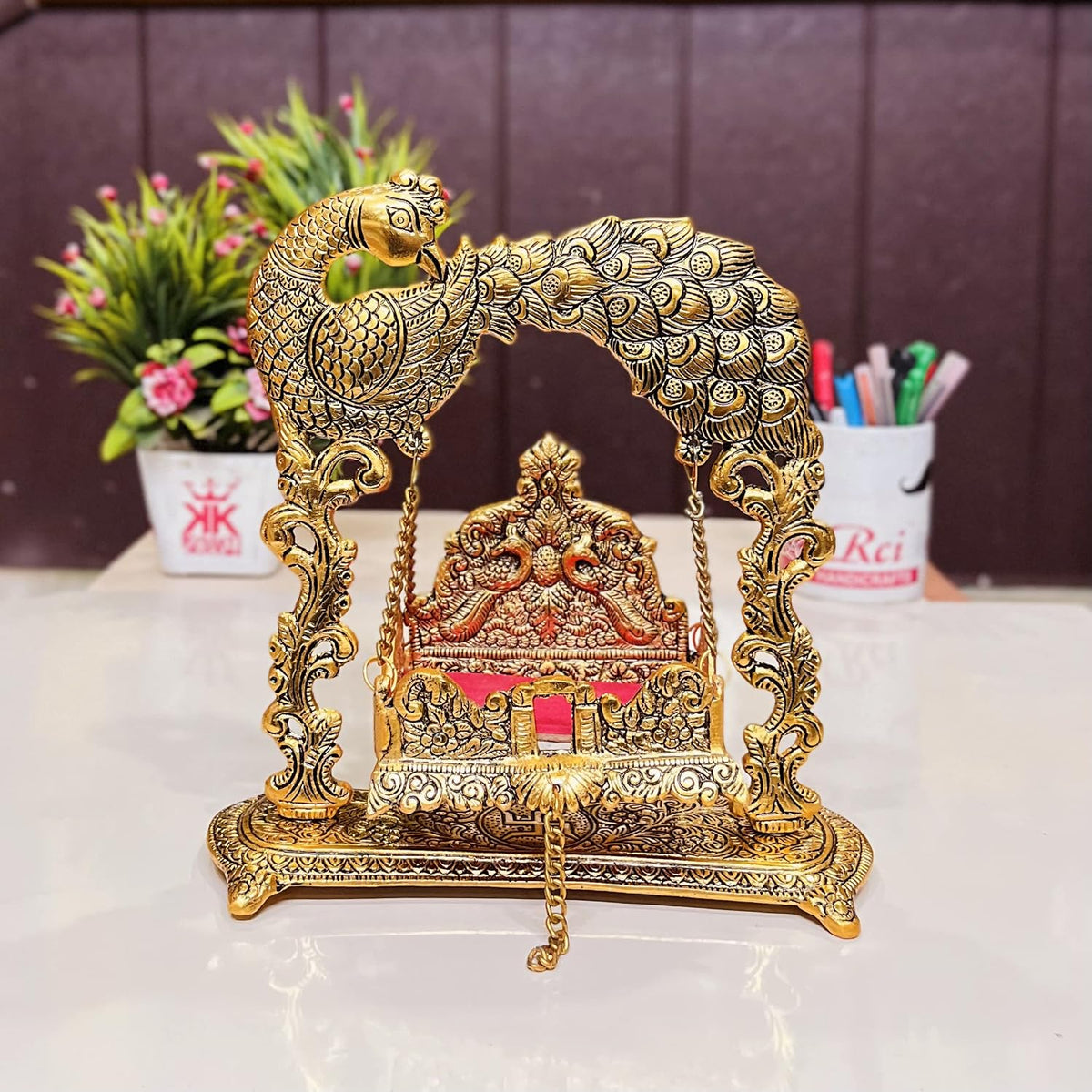 KridayKraft Metal Laddu Gopal Jhulla for Janmastmi Festive Gold Plated Decor Your Home Metal Palna for Krishna ji, Temple Office,Gift Article.
