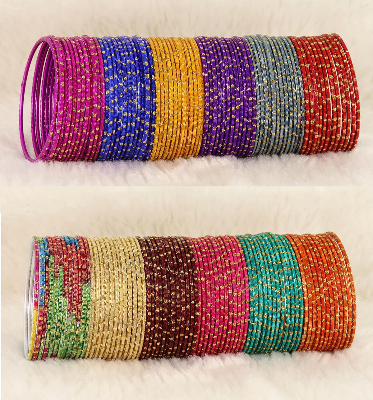 NMII Multicolour Metal Bangles Set with Golden Polka Dots & Cutting Design For Women & Girls | Women's Bangles Combo | Traditional Design Golden Bangles | Chudi Set- Pack of 144 Bangle