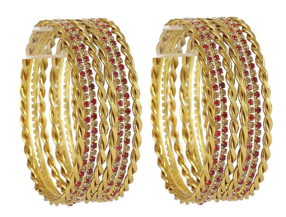 NMII Gold Plated Metal with Zircon Gemstone Studded Traditional Bangles Set For Women & Girls | Golden Bangles | Stylish Design | Designer Women's Bangles- Set of 16