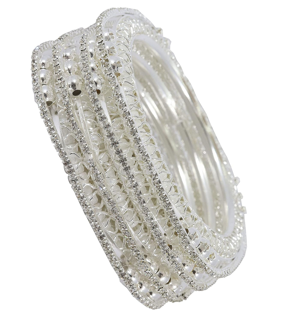 NMII Traditional Golden Metal with Zircon Stone & Pearls Moti Beads Work Kada Bangles Set For Women & Girls | Designer Women's Bangles Latest | Metal Bangles | Bridal Wedding Bangles-Set of 4