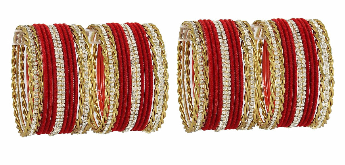 NMII Traditional Gold Plated Metal Bangles Set For Women & Girls with Zircon Gemstone and Velvet Studded | Women's Fashion Jewelry | Indian Bangles | Golden Chudi Set-Pack of 56