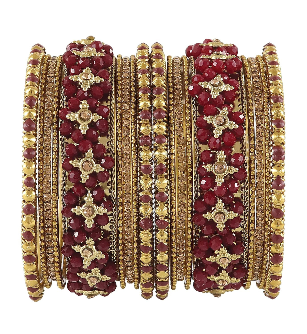 NMII Non-Precious Metal Base Metal with Zircon Gemstone Or Pearl and Flower Pattern with Ball Chain Linked Glossy Finished Bangle Set