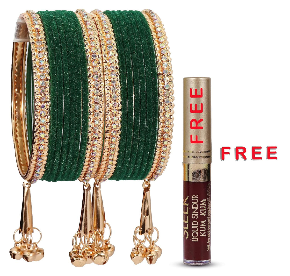 NMII Metal with Zircon Gemstone and Velvet Studded Bells Latkan Bangles Set For Girls and Women I Latkan Bangles, Premium Bangle Bracelet Set I Pack of 16 Bangles