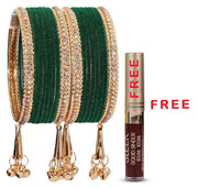 NMII Metal with Zircon Gemstone and Velvet Studded Bells Latkan Bangles Set For Girls and Women I Latkan Bangles, Premium Bangle Bracelet Set I Pack of 16 Bangles