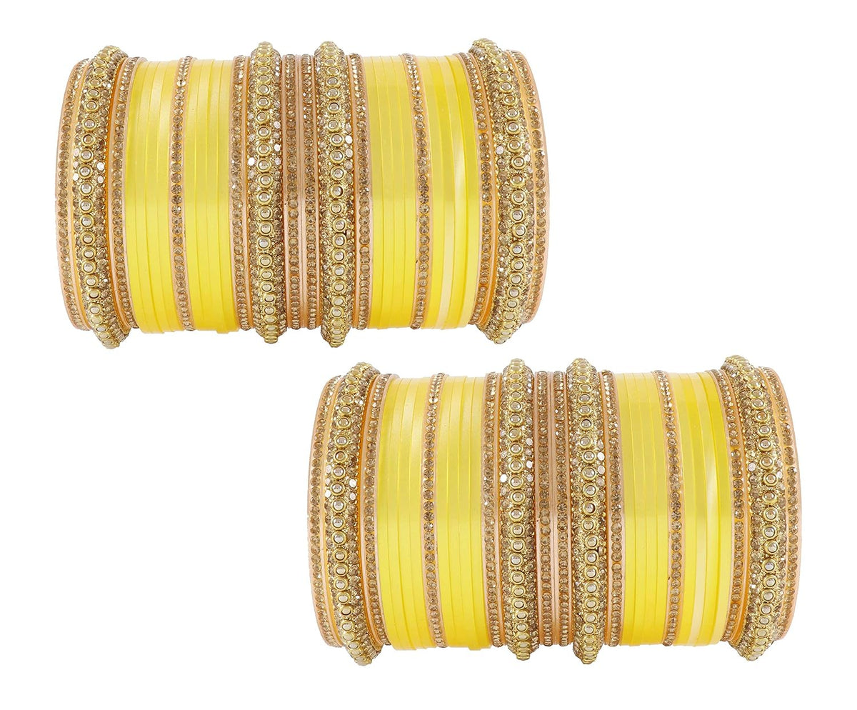 NMII Acrylic (Plastic) with Zircon Gemstone Or Beads and Spread with Glitter Pattern Glossy Finished Chuda Set For Women and Girls, (Yellow16_2.8 Inches), Pack Of 60 Bangle Set