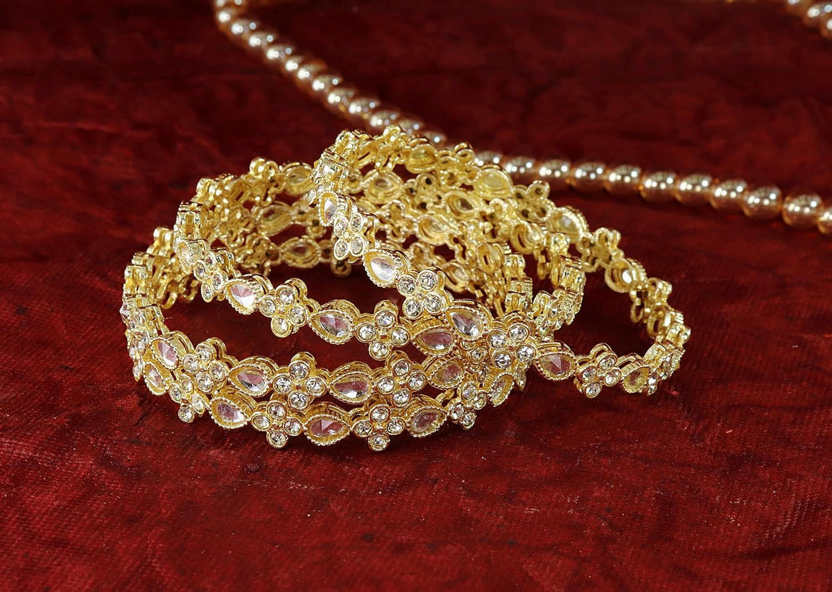 NMII Gold Plated Metal with Zircon Diamond & Kundan Stone Bangles Set For Women & Girls | Traditional Girl's Bangles Bracelet | Designer Kangan | Golden Bangles For Wedding, Party, Etc- Set of 4