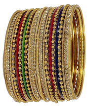 NMII Non-Precious Metal with Base Metal Zircon Gemstone Studded Glossy Finished Ballchain Linked Gold Plated Cutting Pattern Bangle set for Women and Girls