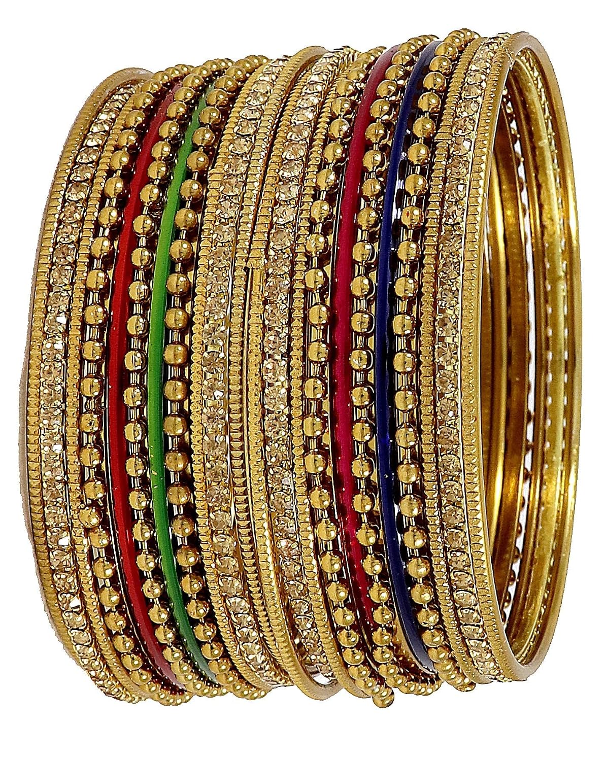 NMII Non-Precious Metal with Base Metal Zircon Gemstone Studded Glossy Finished Ballchain Linked Gold Plated Cutting Pattern Bangle set for Women and Girls