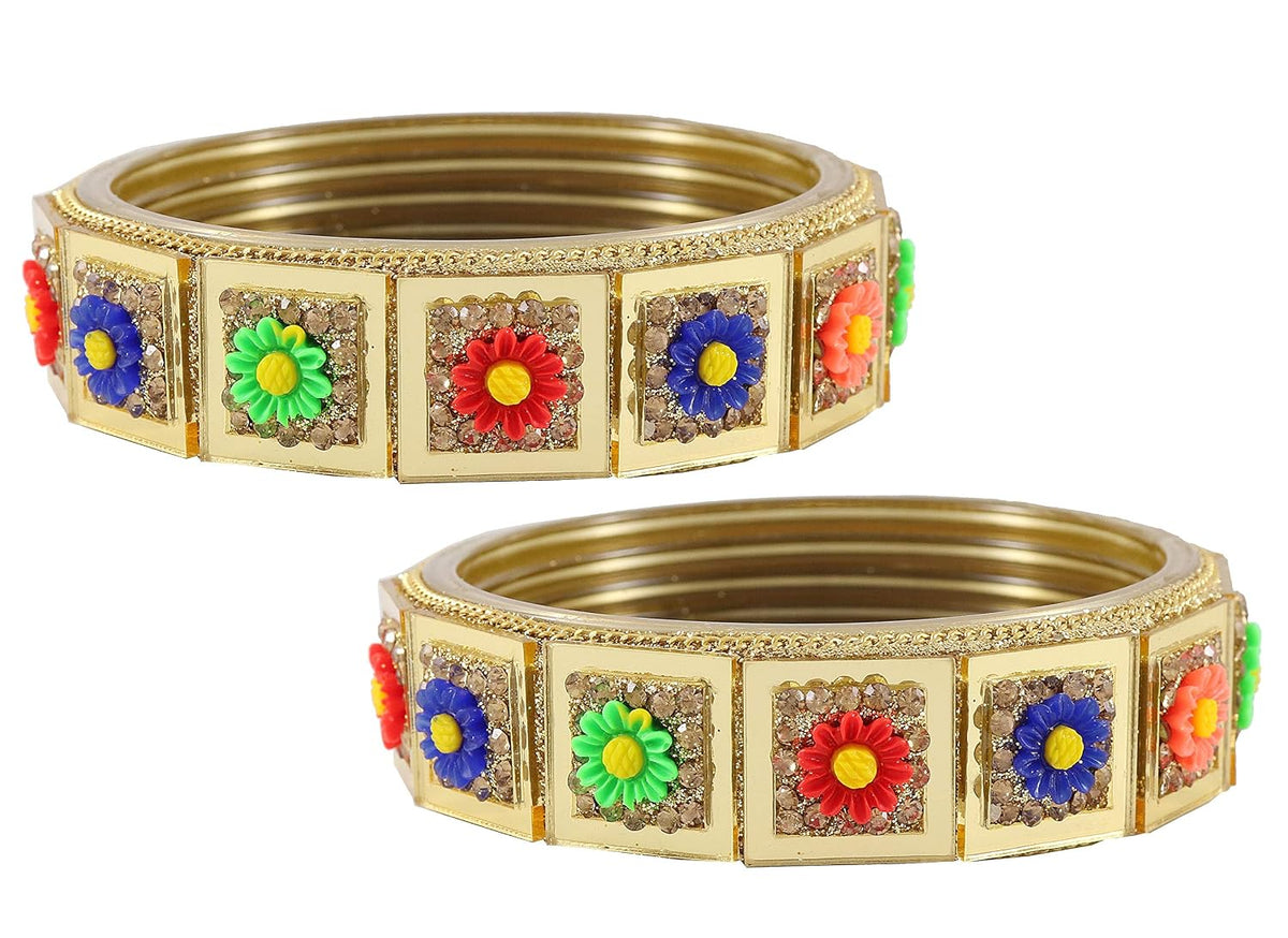 NMII Glass with Zircon Gemstone and Spread with Glitter Pattern Or Flower Shaped Glossy Finished Kada Set For Women and Girls