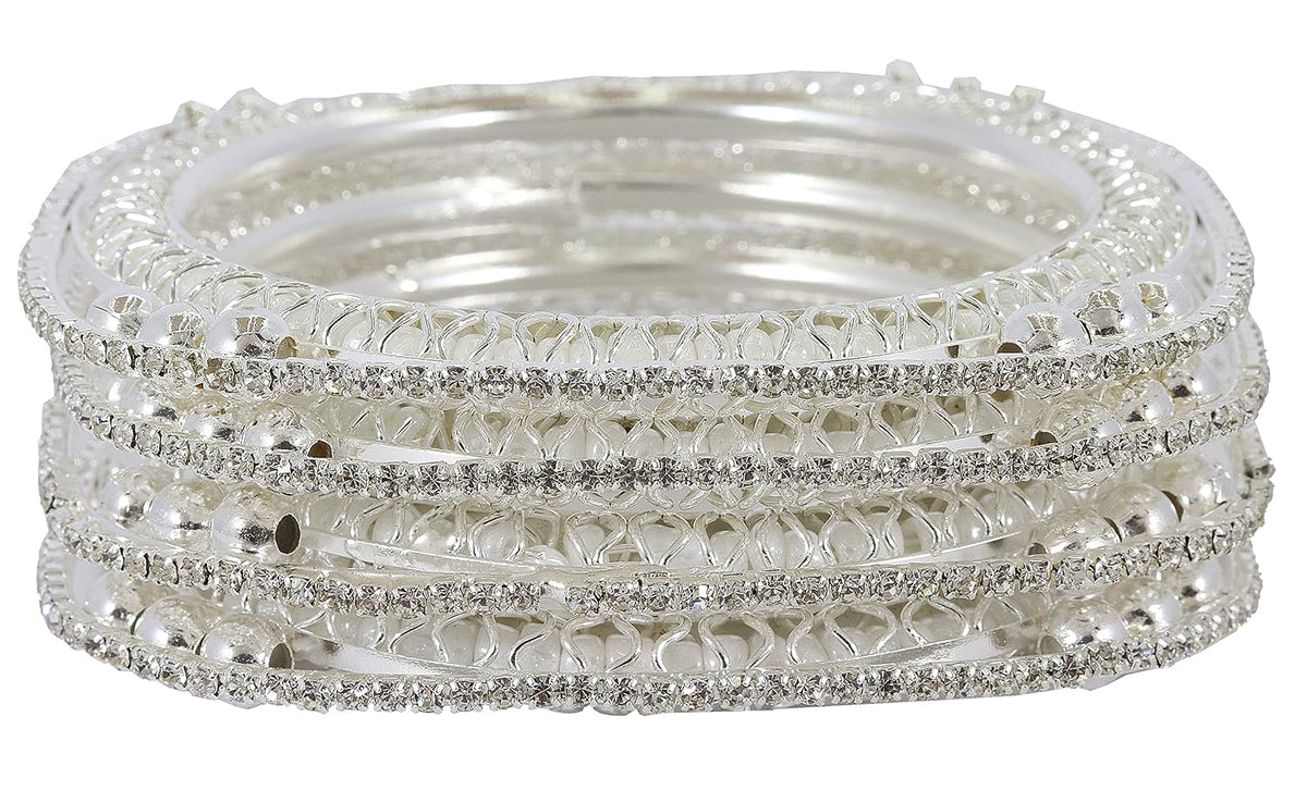 NMII Traditional Golden Metal with Zircon Stone & Pearls Moti Beads Work Kada Bangles Set For Women & Girls | Designer Women's Bangles Latest | Metal Bangles | Bridal Wedding Bangles-Set of 4