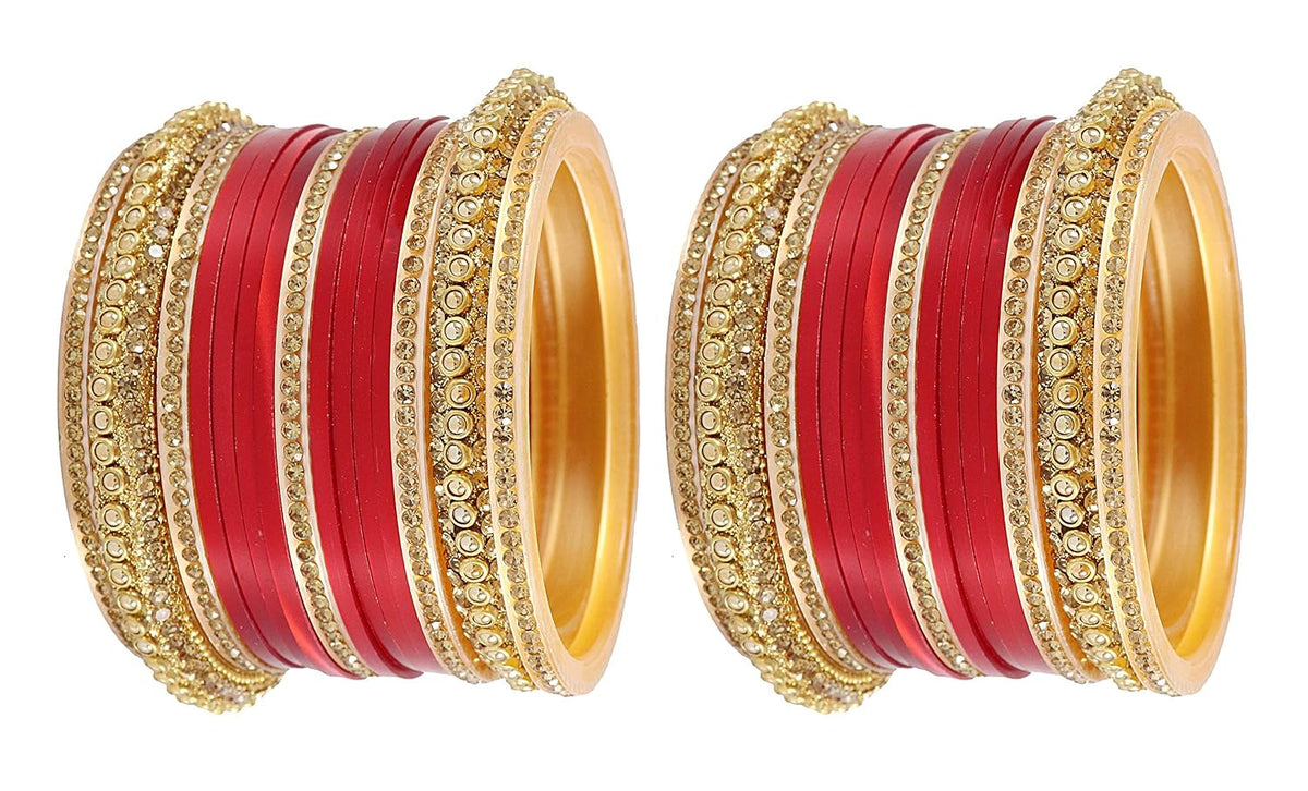 NMII Golden Traditional Acrylic Plastic Chuda Set For Bridal Women & Girls with Zircon Stone & Beads | Stylish Bridal Bangles For Wedding | Plastic Chura Set Punjabi Bnagles
