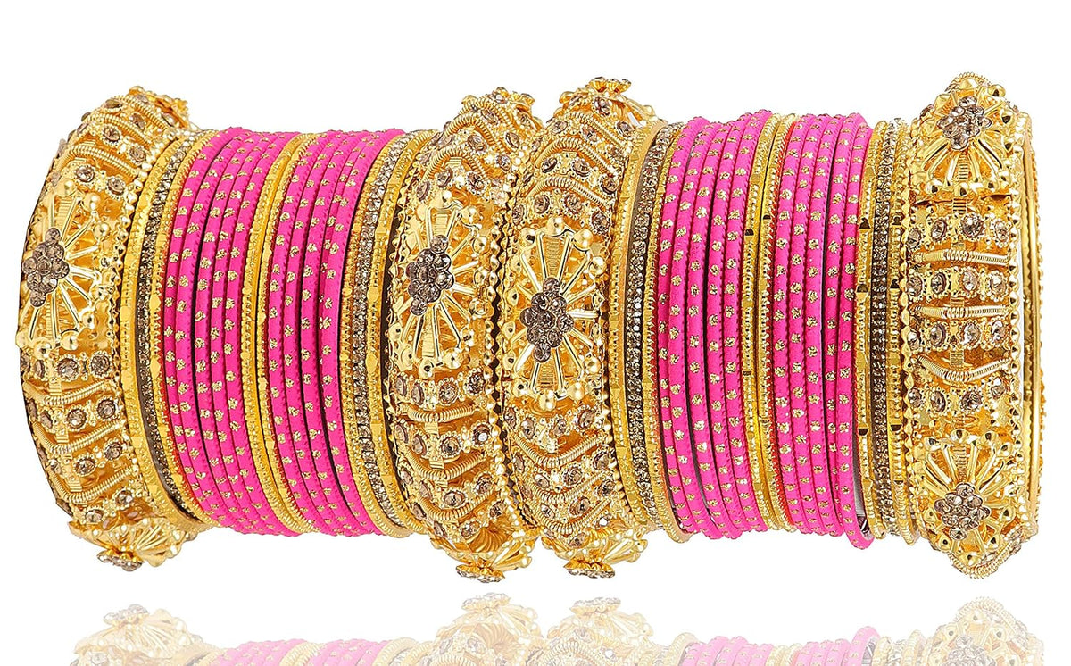 NMII Golden Polka Dotted Metal Bangles Chuda Set For Women & Girls with Zircon Stone & Beads Worked | Traditional Women's Bangles Chooda Set | Bangles For Women Latest- Set of 34