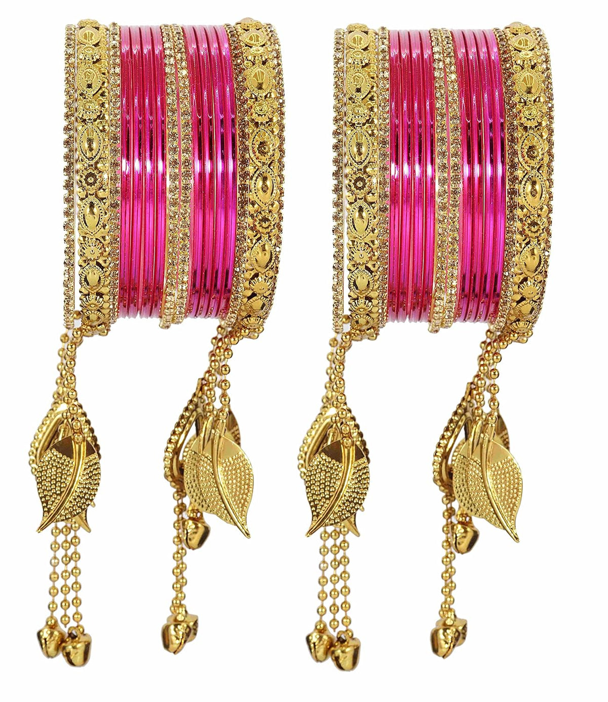 NMII Non-Precious Metal Base Metal with Zircon Gemstone and Linked with Ball Chain Glossy Finished Ghungroo Latkan Kaleere Type Bangle Set For Women and Girls