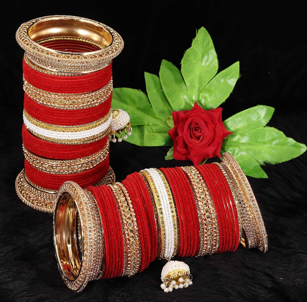 NMII Non-Precious Metal with Base Metal and Zircon Gemstone with Pearls Studded Glossy Finished Kaleere Type Latkan Velvet Bangle Chuda set for Women and Girls (WITH_1 ROD BANGLE BOX)