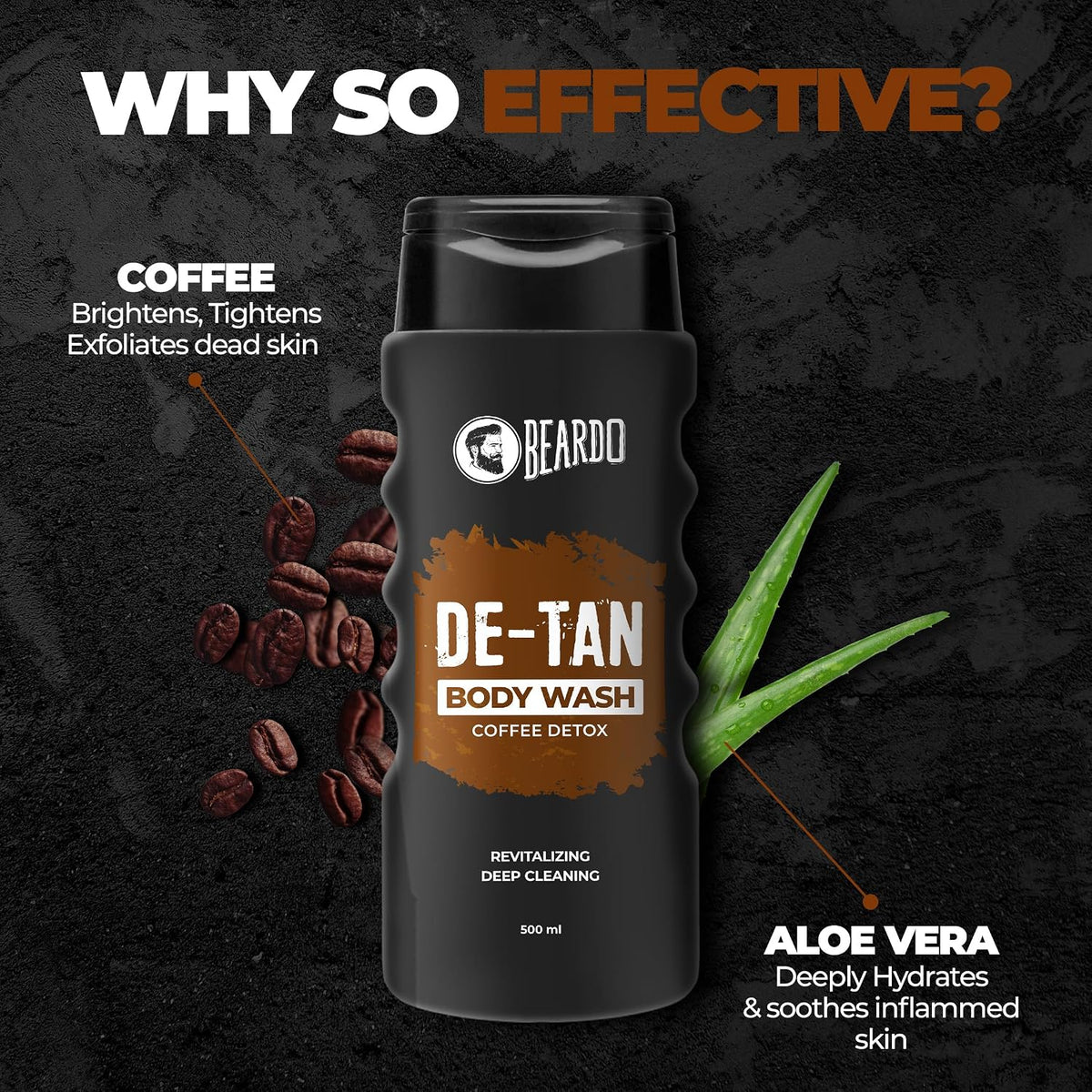 Beardo De-Tan Body Wash for Men, 500ml | Tan Removal and Caffeine Body Wash | Detan With Coffee & Aloe Extracts | For Body & Face | Refreshing Fragrance | Bodywash for Men