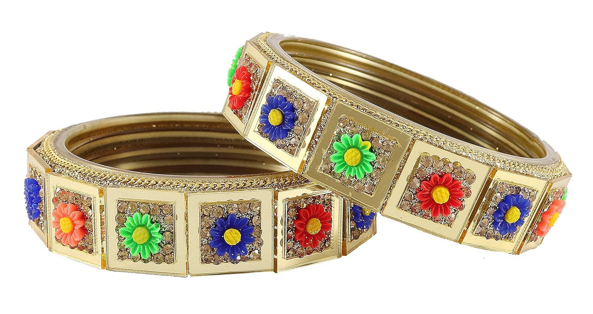 NMII Glass with Zircon Gemstone and Spread with Glitter Pattern Or Flower Shaped Glossy Finished Kada Set For Women and Girls