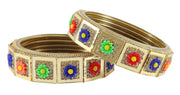 NMII Glass with Zircon Gemstone and Spread with Glitter Pattern Or Flower Shaped Glossy Finished Kada Set For Women and Girls