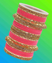 NMII Traditional Golden Metal Bangles Velvet Chuda Set For Women & Girls with Zircon Stones & Beads | Traditional Women's Bangles | Wedding Chuda Set | Bridal Dulhan Bangles- Set of 60