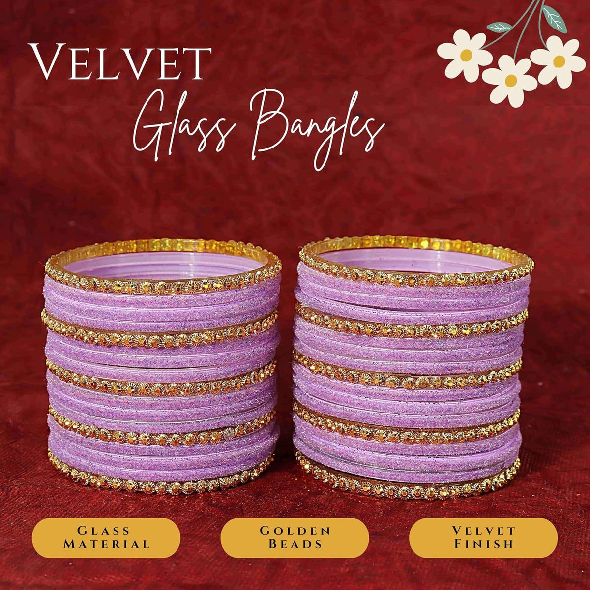 NMII Premium Glass & Golden Beads Velvet Bangle Set For Women and Girls | Velvet Chudi | Traditional Chudi Set | Designer Girl's Bangles Bracelet | Wedding, Party, Festive, Daily- Set of 34